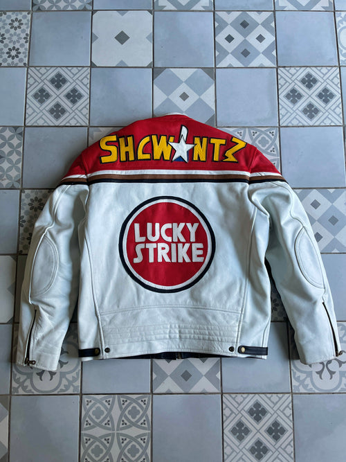 Veste Racing Lucky Strike Vintage - Édition Kevin Schwantz #34 - Cuir Blanc & Rouge