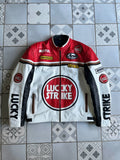 Veste racing Lucky Strike vintage en cuir blanc et rouge - Style pilote GP