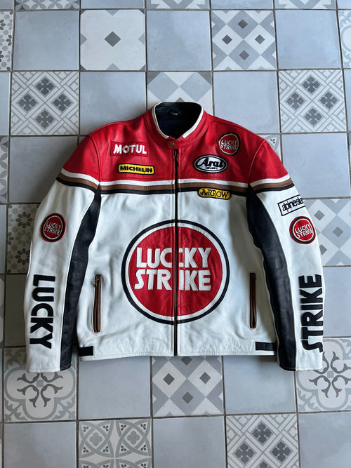 Veste racing Lucky Strike vintage en cuir blanc et rouge - Style pilote GP