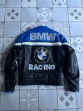Dos du blouson cuir vintage BMW Racing, affichant le grand logo emblématique BMW central, le texte BMW sur les épaules et RACING en bas.