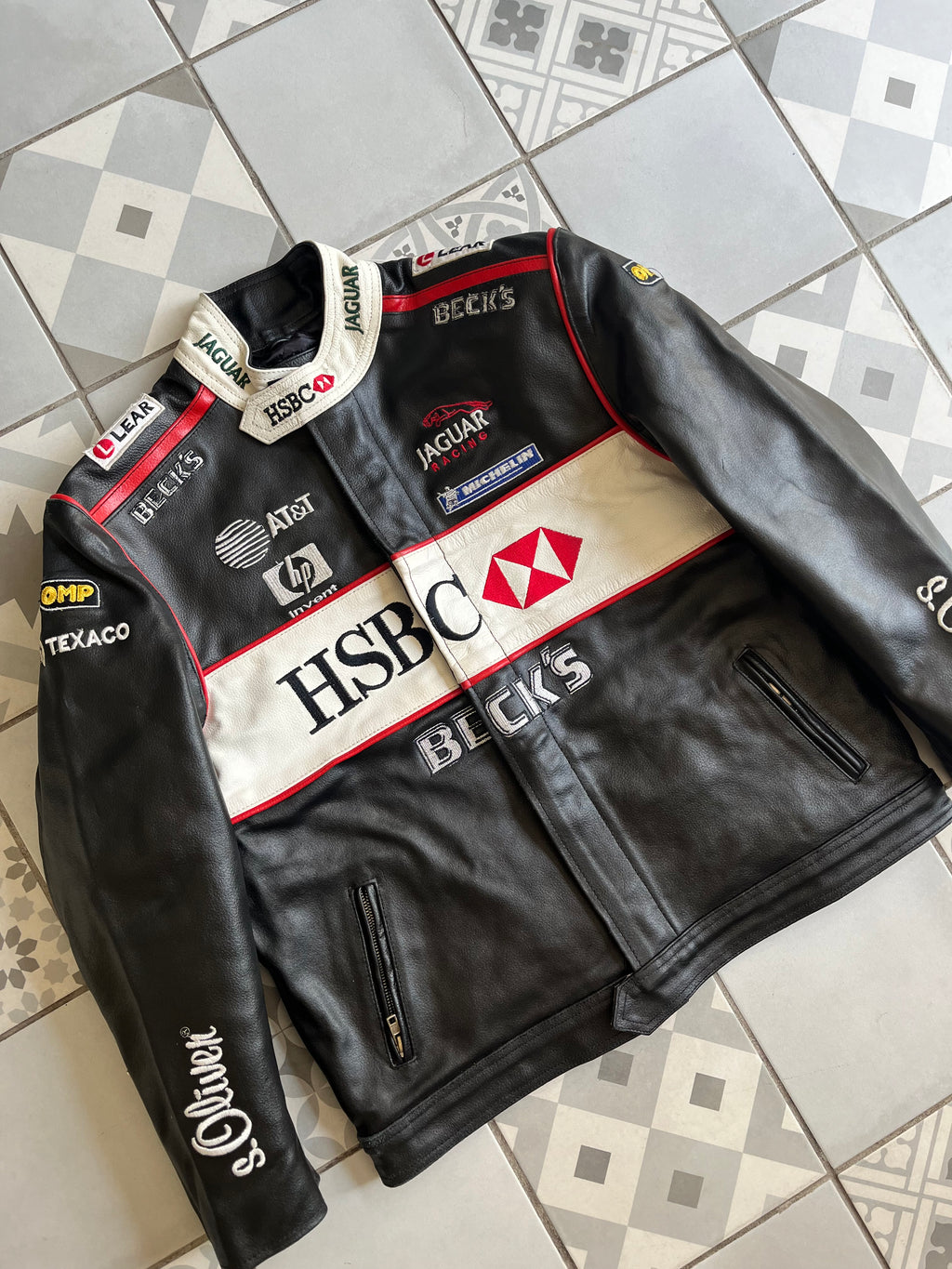 Veste Jaguar Racing vintage en cuir noir et blanc - Édition F1