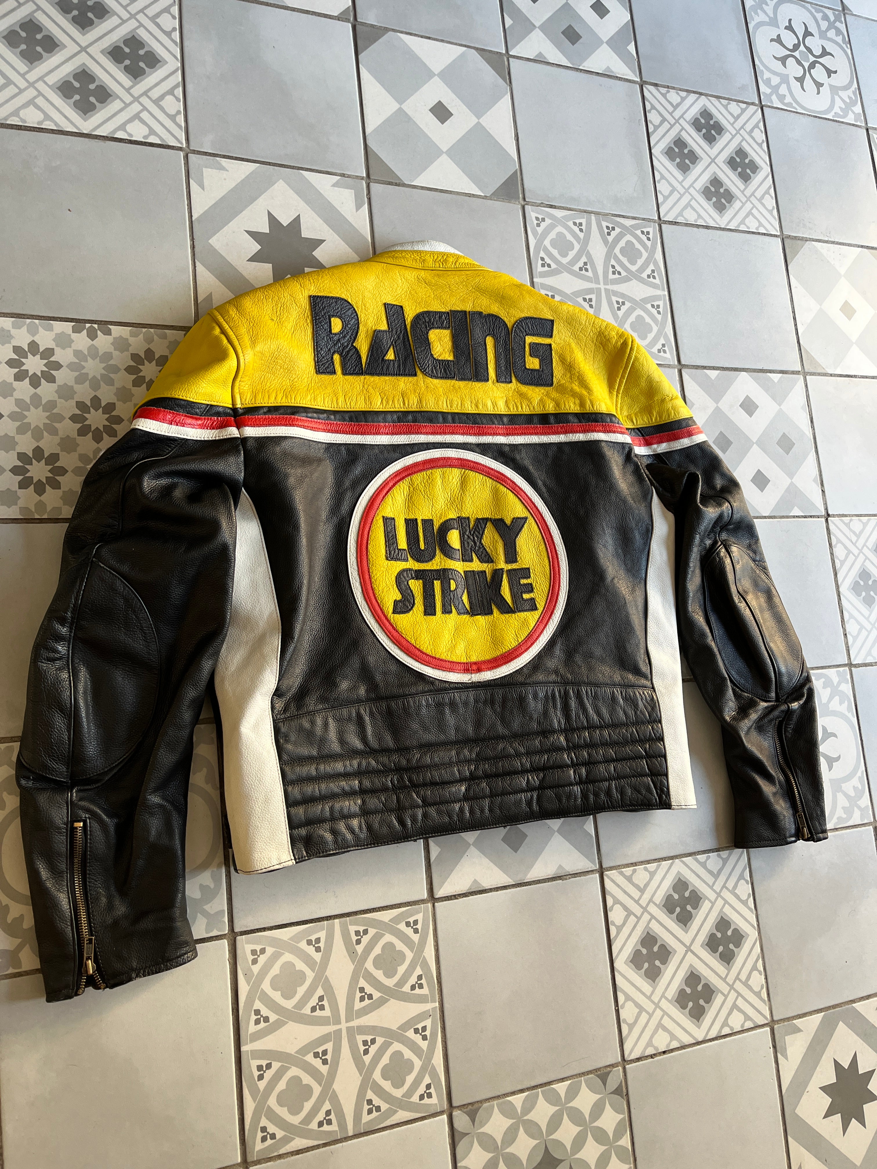 Blouson cuir Lucky Strike avec inscription Racing brodée au dos