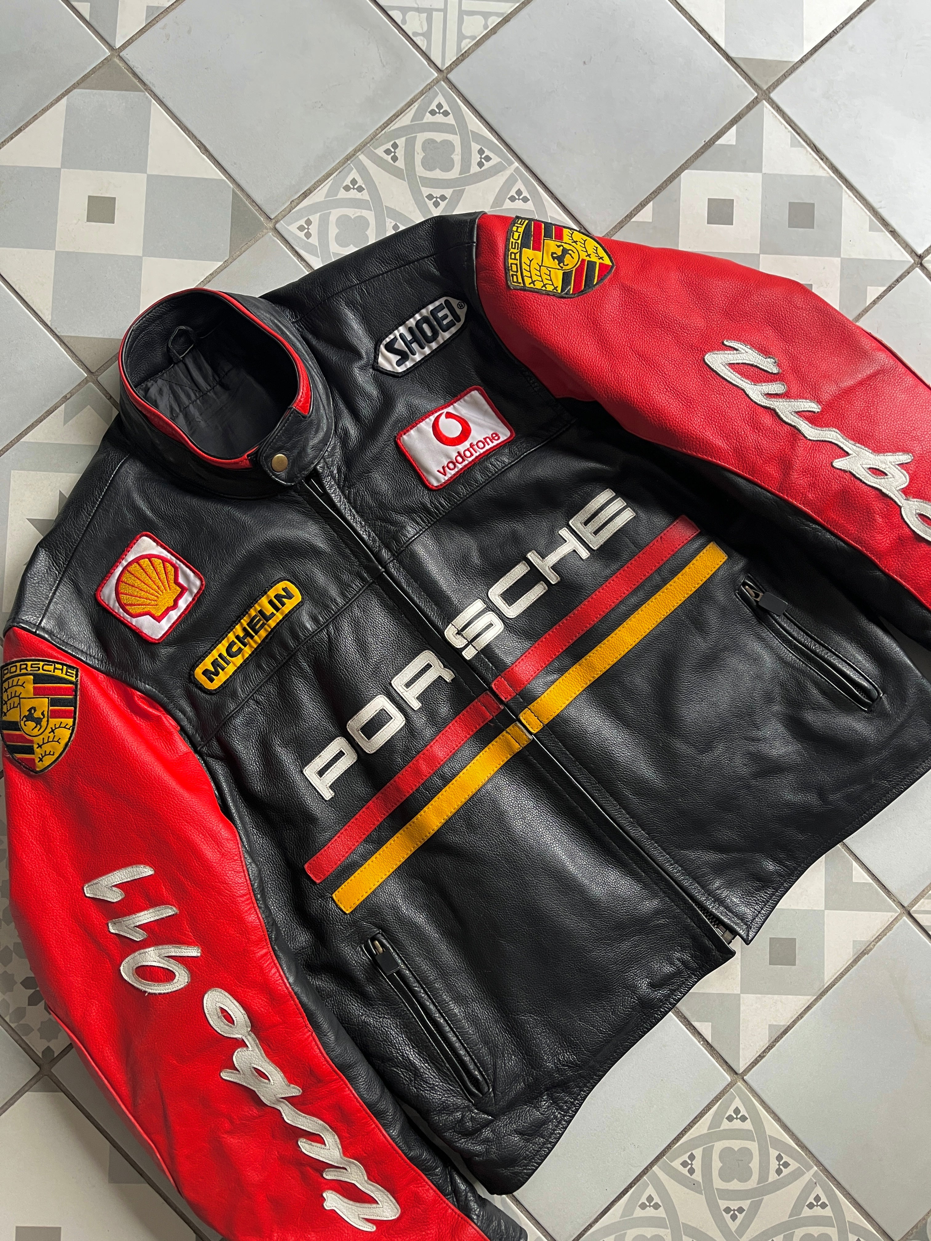 Veste Porsche Racing vintage en cuir noir avec manches rouges