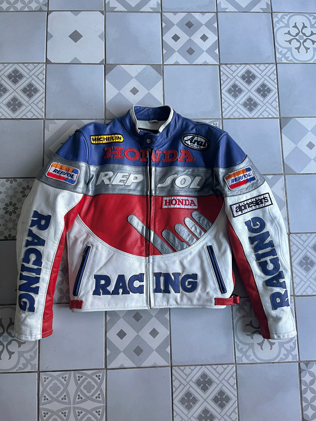 Blouson vintage Honda HRC en cuir véritable style racing et motocore - Vue de face