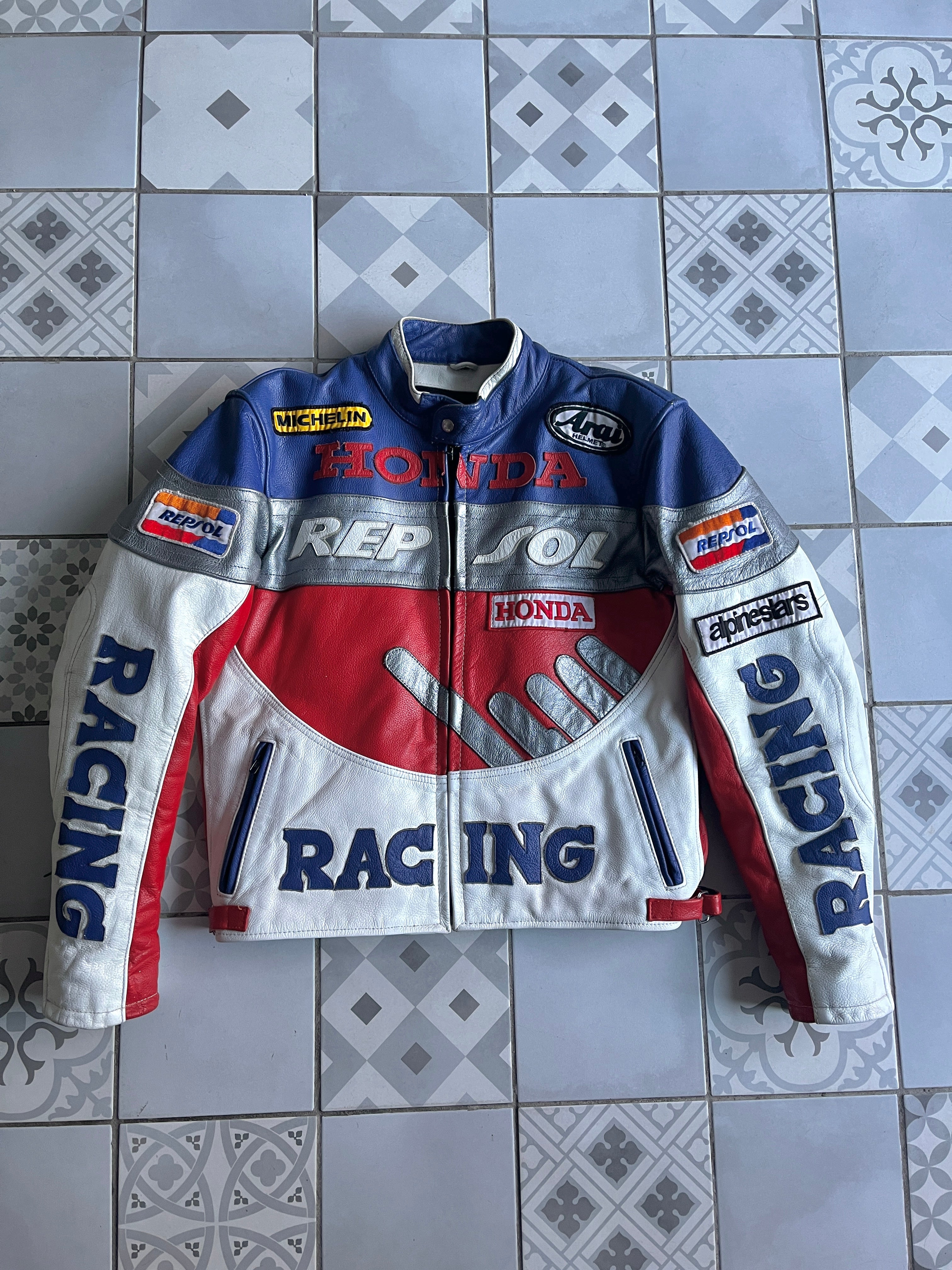 Blouson vintage Honda HRC en cuir véritable style racing et motocore - Vue de face